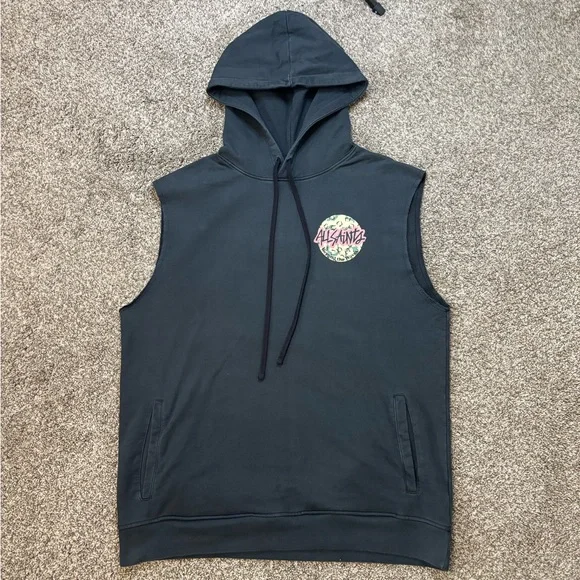 All Saints Hoodie Mens Shredder Hoodie Black Skater Size Medium Sleeveless EUC - Picture 3 of 6